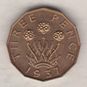 1937 Proof Brass Threepence Coin featuring the portrait of King George VI on the Obverse. The thrift plant with denomination and date is on the Reverse.