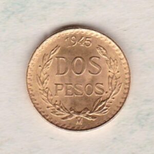 1945 Mo Mexico Gold Two Pesos Coin. This Two Pesos coin was struck in 0.900 Gold and weighs approx. 1.67 grams. All of our Gold coins are in stock.