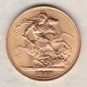 1962 Gold Sovereign Coin featuring the first portrait of Queen Elizabeth II on the Obverse. St George and the Dragon on the Reverse.