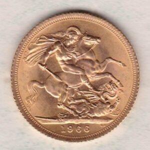 1966 Gold Sovereign Coin featuring the first portrait of Queen Elizabeth II on the Obverse. St George and the Dragon on the Reverse.
