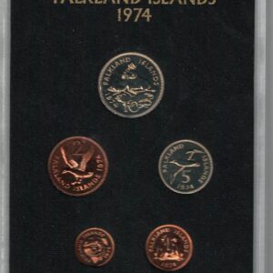 1974 Falkland Islands Coinage Five Coin Proof Set. The obverse features the portrait of Queen Elizabeth II facing right. All coins are in stock.