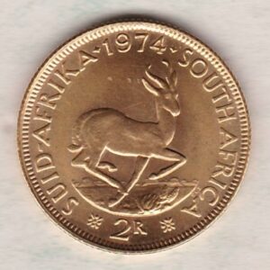 1974 South Africa Gold Two Rand coin. The obverse features the portrait of Jan van Riebeeck. The springbok on the Reverse.