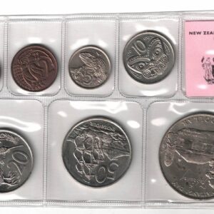 1977 New Zealand Brilliant Uncirculated Seven Coin Set. The obverse side of the coins feature Elizabeth II facing right. All coins are in stock