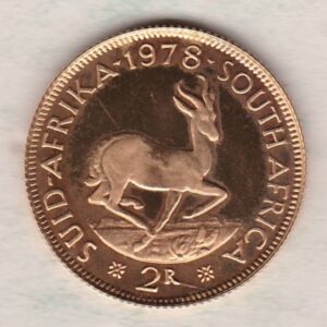 1978 South Africa Gold Proof Two Rand coin. The obverse features the portrait of Jan van Riebeeck. The springbok on the Reverse.