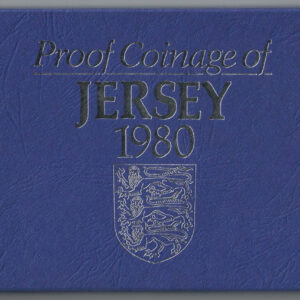 1980 Jersey Six Coin Proof Set. The obverse side of each coin features Elizabeth II. The Reverse features the coat of arms and date.
