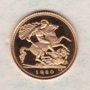 1980 gold proof half sovereign coin in capsule. This coin features Queen Elizabeth II on the obverse and St George and the dragon on the Reverse.