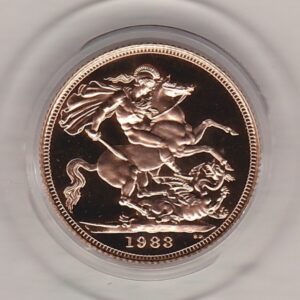 1983 gold proof sovereign coin featuring queen Elizabeth II on the Obverse & St George and the Dragon Reverse. This coin is a royal mint issue.