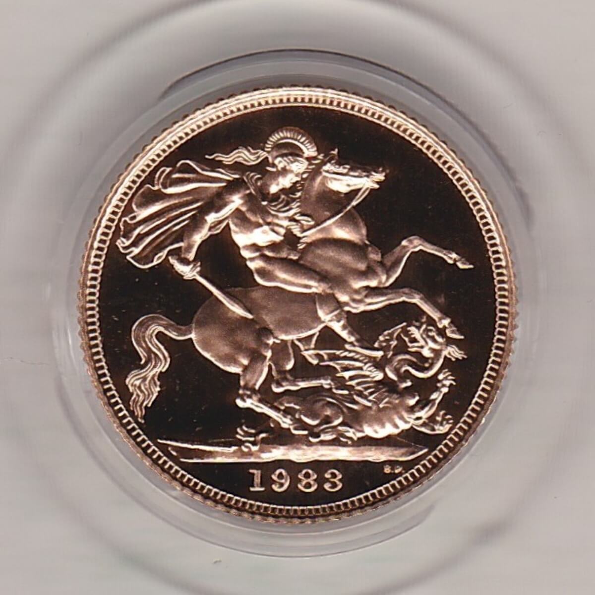 1983 gold proof sovereign coin featuring queen Elizabeth II on the Obverse & St George and the Dragon Reverse. This coin is a royal mint issue.