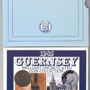 1985 Guernsey Brilliant Uncirculated Seven Coin Collection. The obverse side of each coin features the crowned portrait of Queen Elizabeth II.