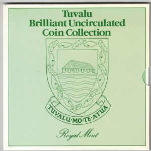 1985 Tuvalu Brilliant Uncirculated Seven Coin Set. The obverse side features features the portrait of Queen Elizabeth II facing right.