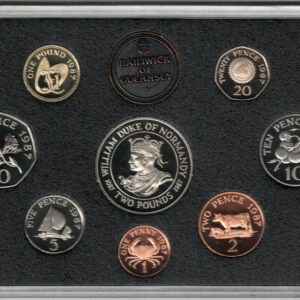1987 Guernsey Eight Coin Proof Set. The obverse side of each coin features the crowned portrait of Queen Elizabeth II. All coins are in stock.