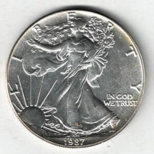 1987 Silver USA One Ounce Eagle. The liberty is on the obverse, The eagle is on the reverse. The coin contains one ounce of 999 fine silver.