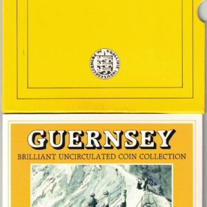 1988 Guernsey Brilliant Uncirculated Seven Coin Collection. The obverse side of each coin features the crowned portrait of Queen Elizabeth II.