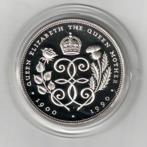 1990 Five Pound Silver Proof Queen Mother's 90th Birthday. The reverse features a cypher of the letter E in duplicate. In Stock.