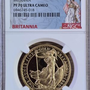 1990 Gold Proof One Ounce Britannia coin. Queen Elizabeth II obverse. The standing Britannia design on the reverse. One ounce coin.