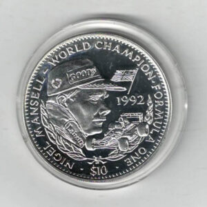 1992 Liberia Silver One Ounce Nigel Mansell Coin. This coin does feature a formula 1 car. This coin contains one ounce of 999 fine silver.