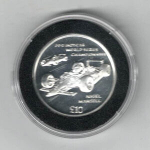1994 Isle Of Man Nigel Mansell Silver Proof Ten Pound Coin. The Obverse features the portrait of Queen Elizabeth II. All coins are in stock.