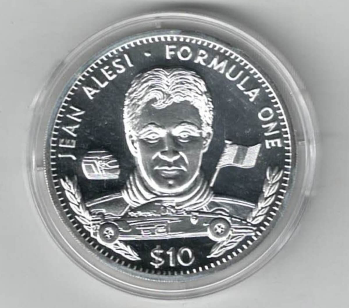 1995 Liberia Silver One Ounce Jean Alesi. This coin does feature a formula 1 car. This coin contains one ounce of 999 fine silver.
