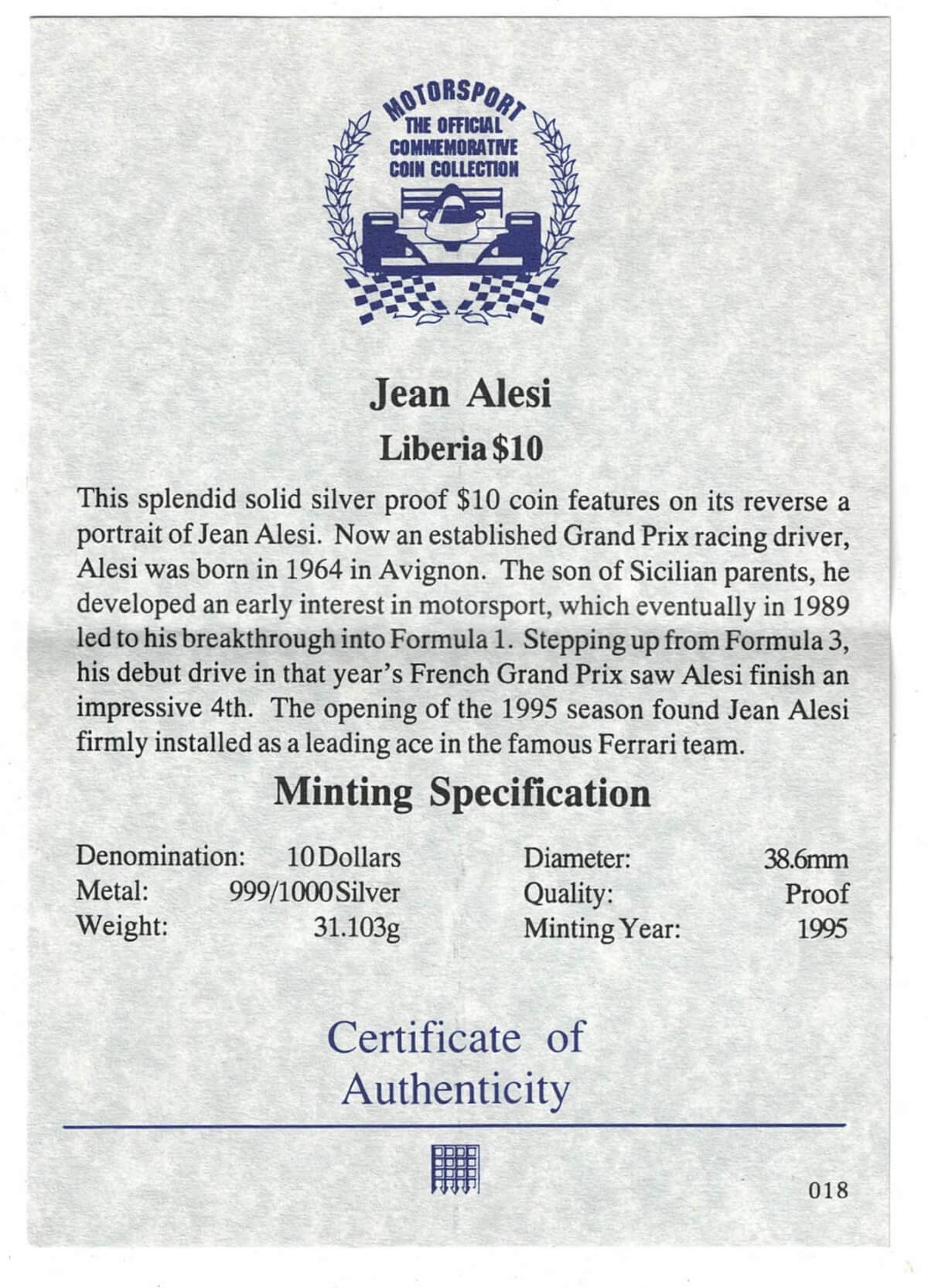 1995 Liberia Silver One Ounce Jean Alesi - Image 3