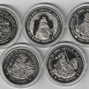 1996 Isle Of Man Legend Of King Arthur Five Crown Coin Set. The obverse of each coin features the portrait of Queen Elizabeth II.