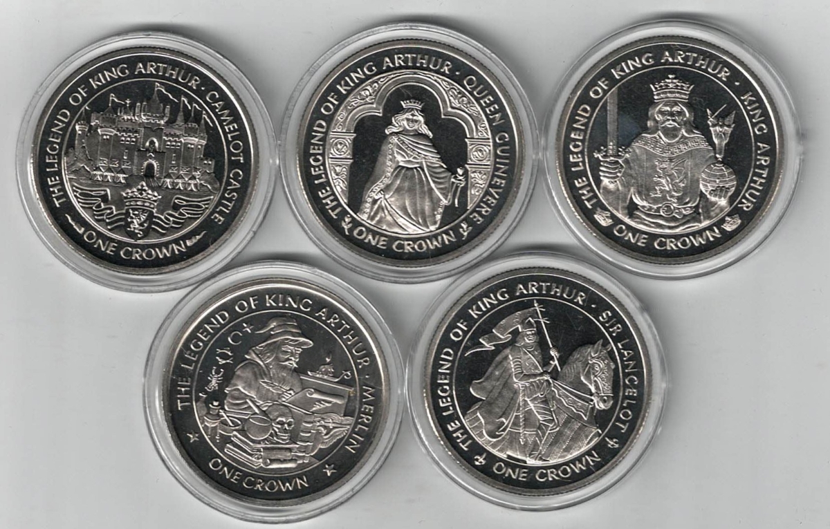 1996 Isle Of Man Legend Of King Arthur Five Crown Coin Set. The obverse of each coin features the portrait of Queen Elizabeth II.