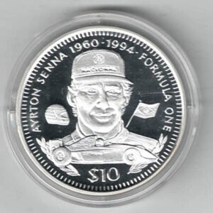 1996 Liberia Silver One Ounce Ayrton Senna. This coin does feature a formula 1 car. This coin contains one ounce of 999 fine silver.