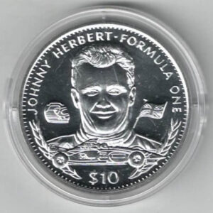 1996 Liberia Silver One Ounce Johnny Herbert This coin does feature a formula 1 car. This coin contains one ounce of 999 fine silver.