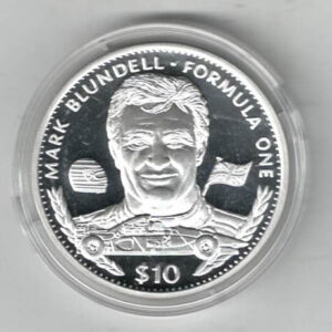 1996 Liberia Silver One Ounce Mark Blundell. This coin does feature a formula 1 car. This coin contains one ounce of 999 fine silver.