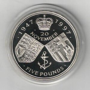 1997 Five Pound Silver Proof Golden Wedding Anniversary Coin. The reverse features the crown of St. Edward. Ready for dispatch.