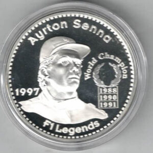 1997 Ayrton Senna Silver Proof Twenty Five Euro Coin. This coin features Ayrton Senna with the championship winning dates. 