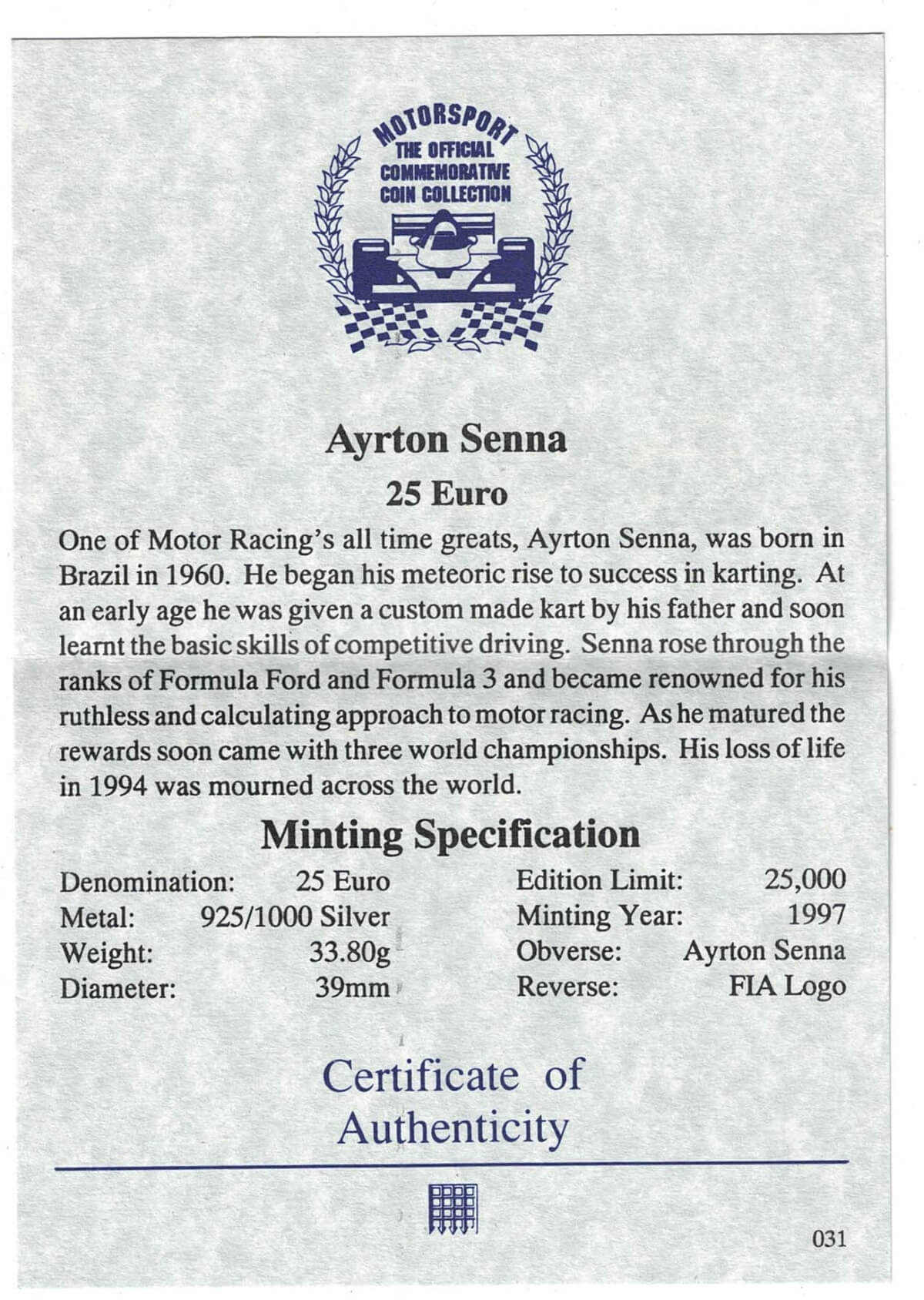 1997 Ayrton Senna Silver Proof Twenty Five Euro Coin - Image 3