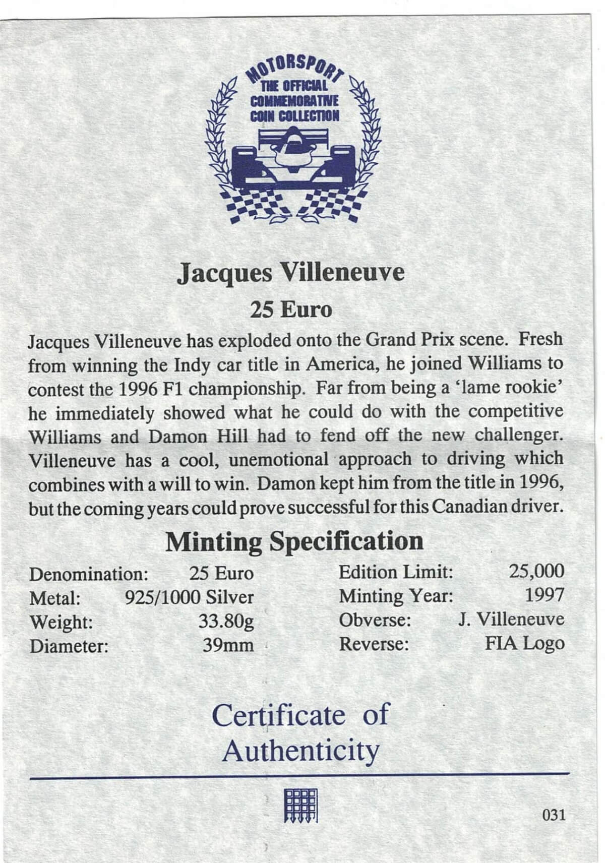 1997 Jacques Villeneuve Silver Proof Twenty Five Euro Coin - Image 3