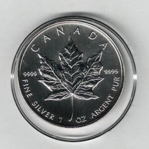 1997 Silver Canada One Ounce Maple. Elizabeth II is on the obverse, The Maple is on the reverse. The coin contains one ounce of 9999 fine silver.
