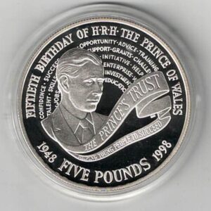 1998 Five Pound Silver Proof Prince Charles's 50th Birthday. The reverse features Portrait of Prince Charles. In Stock and ready for dispatch.
