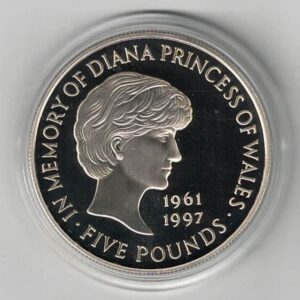 1999 Diana Princess of Wales five pound silver proof coin. The reverse features Head of Diana, Princess of Wales. Obverse features Queen Elizabeth II.