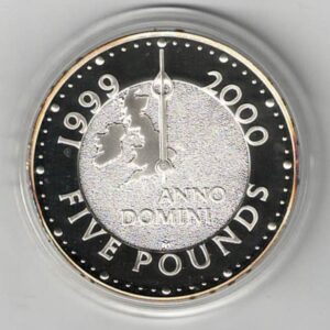 1999 Five Pound Silver Proof Millennium Coin. The reverse features A representation of the British Isles with a pair of clock hands. In Stock.