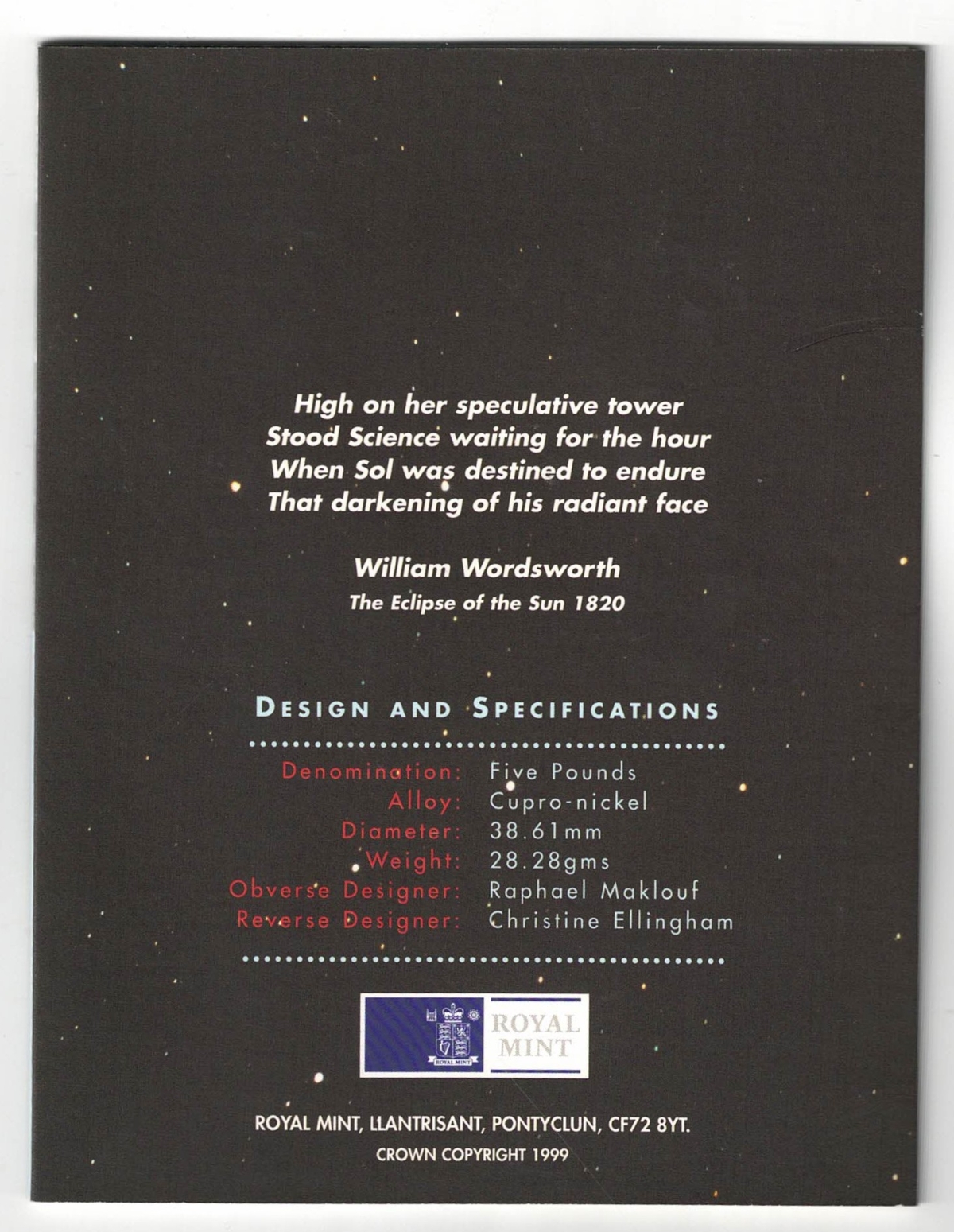 1999 Alderney Five Pound Coin Total Eclipse of the Sun - Image 3