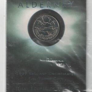Sealed 1999 Alderney Five Pound Coin Total Eclipse of the Sun Cupro-Nickel. The reverse features Map of Alderney during the Eclipse.
