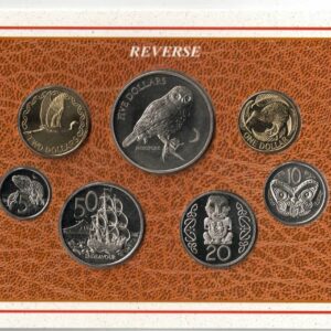 1999 New Zealand Brilliant Uncirculated Seven Coin Set. The obverse side of the coins feature Elizabeth II facing right. All coins are in stock.