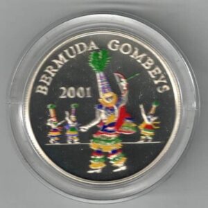 Boxed 2001 Bermuda Silver Proof Gombeys Five Dollar Coin. The obverse features the crowed portrait of Queen Elizabeth II facing right.