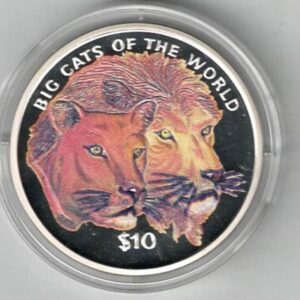 2001 Sierra Leone Colourised Big Cats Of The World Lion Coin. The obverse features the coat of arms of Sierra Leone. All coins are in stock.