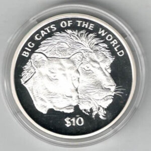 2001 Sierra Leone Non Colourised Big Cats Of The World Lion Coin. The obverse features the coat of arms of Sierra Leone. All coins are in stock.