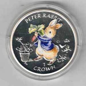 2003 Gibraltar Colourised Silver Proof Peter Rabbit One Crown Coin . The reverse features an image of Peter Rabbit. All coins are in stock.