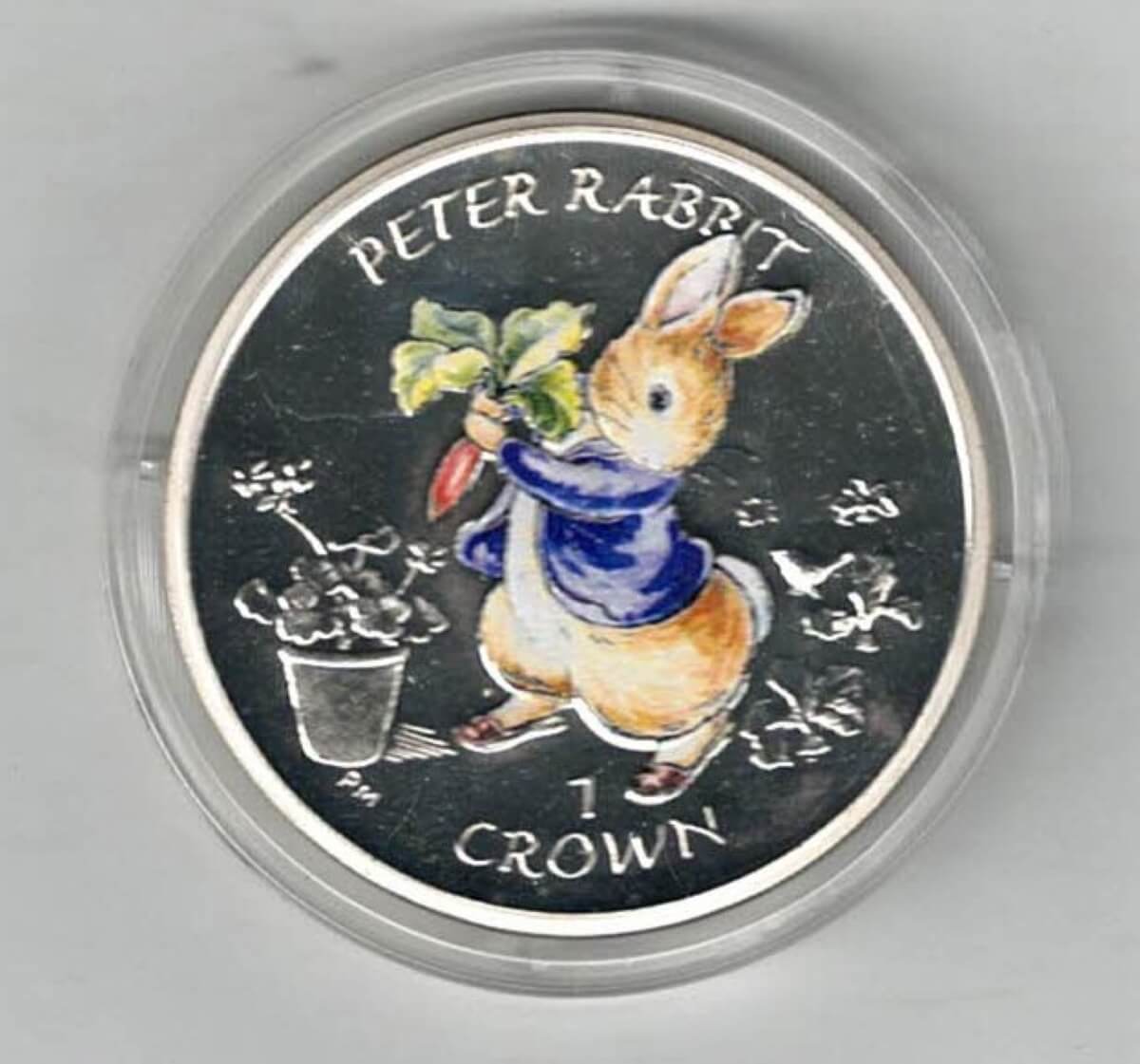 2003 Gibraltar Colourised Silver Proof Peter Rabbit One Crown Coin . The reverse features an image of Peter Rabbit. All coins are in stock.