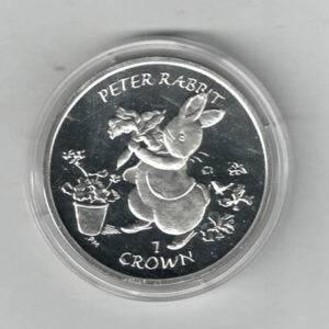 2003 Gibraltar Non Colourised Silver Proof Peter Rabbit One Crown Coin . The reverse features an image of Peter Rabbit. All coins are in stock.