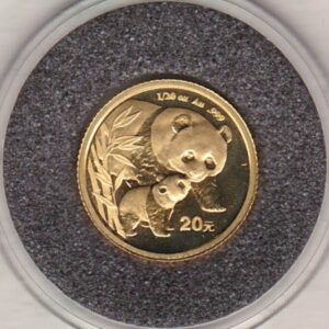 2004 China Gold Twentieth Ounce Panda Coin. The Gold Twentieth Ounce Panda coin was struck in 999 Fine Gold and weighs approx. 1.56 grams.