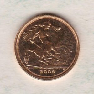 2009 Gold Quarter Sovereign Coin featuring the fourth portrait of Queen Elizabeth II on the obverse. St George and the dragon on the reverse.