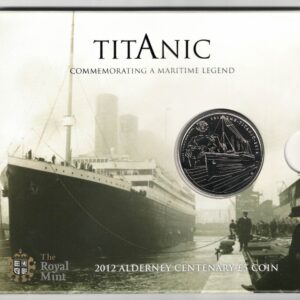 2012 Alderney Titanic Centenary Cupro-Nickel Five Pound Coin. The reverse features the titanic ship with titanic memorial statue. 