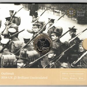 2014 Royal Mint Outbreak WW1 Two Pounds featuring Elizabeth II on the obverse. Lord Kitchener on Reverse. All coins are in stock for despatch.