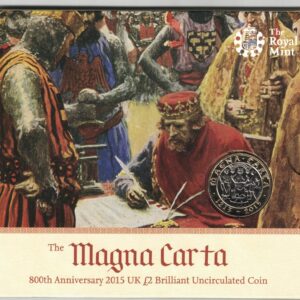 2015 Two Pound Coin Magna Carta. Cupro nickel brass coin featuring Queen Elizabeth II on the Obverse. The Reverse features Magna Carta.